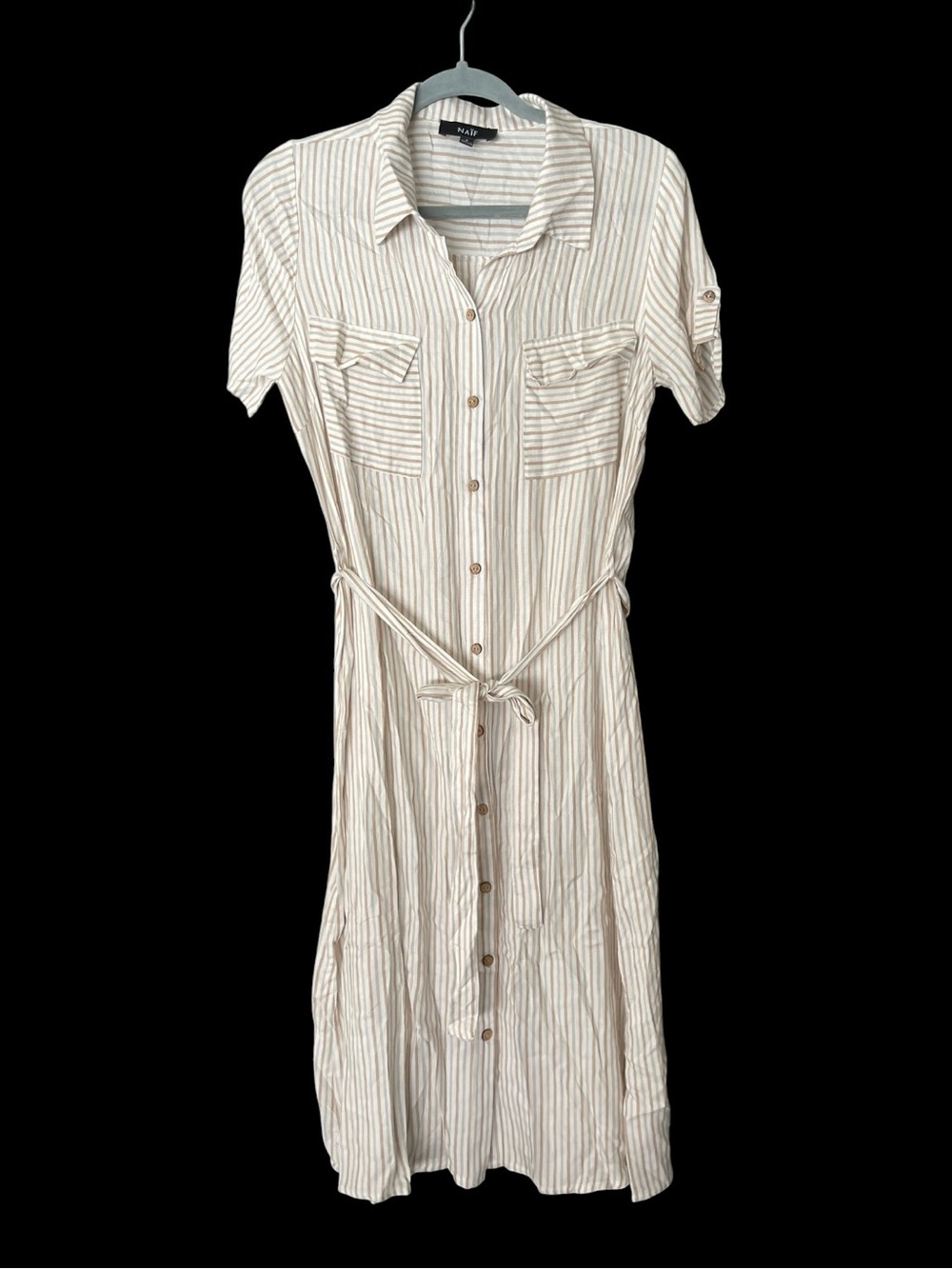 NAIF Striped Shirt Dress Small Taupe Mocha Button Front Tie Waist Rayon NWT